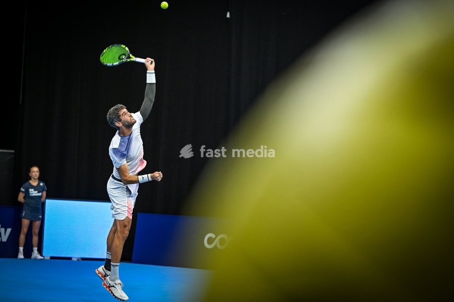 Aziz Dougaz of Tunisia pictured in action during the European Open ATP tennis tournament in Brussels, on Saturday 18 October. This year's edition of the tournament is taking place from 17 to 25 October