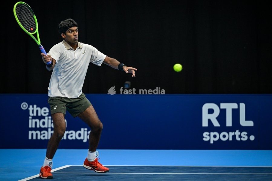 Nishesh Basavareddy of the United States pictured in action during the European Open ATP tennis tournament in Brussels, on Saturday 18 October. This year's edition of the tournament is taking place from 17 to 25 October