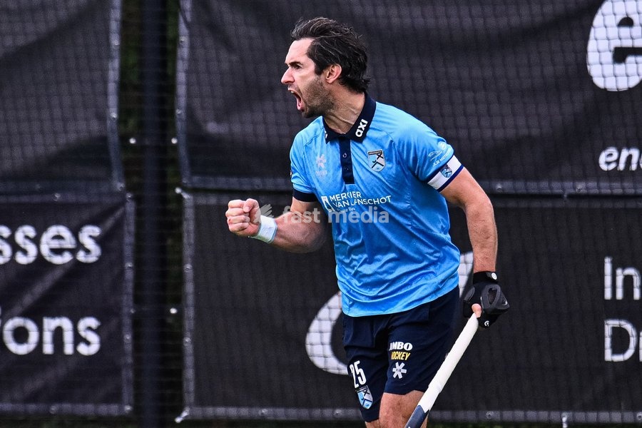 Braxgata's Loick Luypaert celebrates after scoring during a hockey game between Braxgata and Leopold, Sunday 18 October 2026 in Boom, on day 6 of the Belgian first division hockey championship