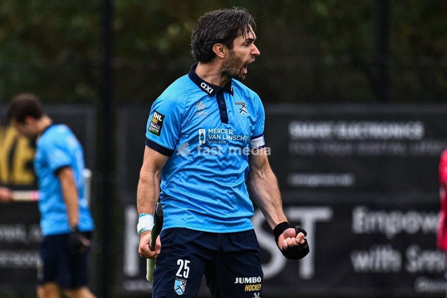 Braxgata's Loick Luypaert celebrates after scoring during a hockey game between Braxgata and Leopold, Sunday 18 October 2026 in Boom, on day 6 of the Belgian first division hockey championship