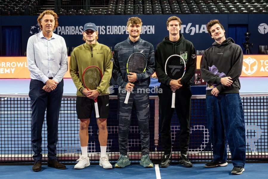 Dick Norman, Zizou Bergs, Raphaël Collignon , Alexander Blockx pictured during the media day at the European Open ATP tennis tournament in Brussels, on 19 October. This year's edition of the tournament is taking place from 17 to 25 October