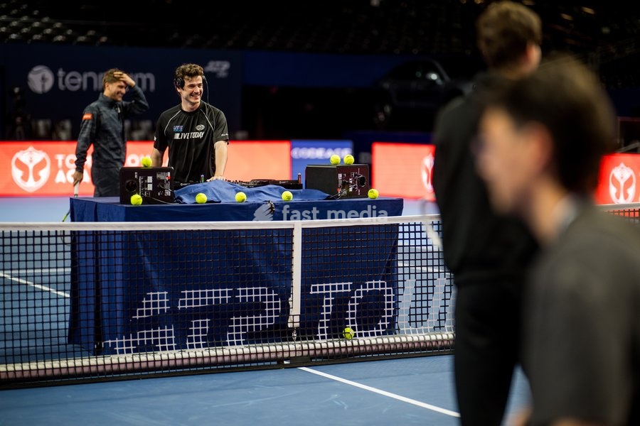 Raphael Collignon of Belgium and DJ Henri PFR pictured during the European Open ATP tennis tournament in Brussels, on Monday 19 October. This year's edition of the tournament is taking place from 17 to 25 October