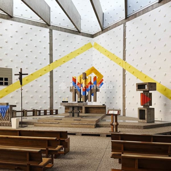 Katholische Heilig-Geist-Kirche von dem Architekten Joachim G. Hanke entworfen mit einem Farbkonzept von Otto Herbert Hajek, Lemgo, Deutschland, Europa
