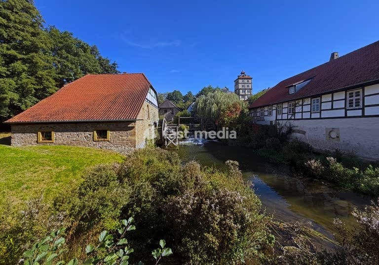 Lemgo, Brake Castle Oil Mill. The watermill, built in 1806, remained in operation until 1925. On the right, a partial view of Brake Castle. Lemgo, 25 September 2026
