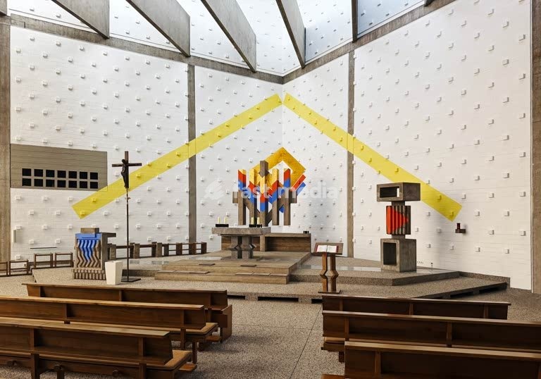 Katholische Heilig-Geist-Kirche von dem Architekten Joachim G. Hanke entworfen mit einem Farbkonzept von Otto Herbert Hajek, Lemgo, Deutschland, Europa
