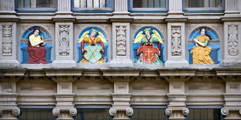 Prunkfassade, Hexenbuegermeisterhaus, Detail, Weserrenaissance, Hansestadt Lemgo, Museum, Ostwestfalen-Lippe, Nordrhein-Westfalen, Deutschland, Europa