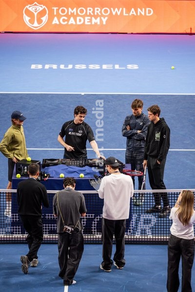 DJ Henri PFR, Zizou Bergs, Raphaël Collignon , Alexander Blockx pictured during the media day at the European Open ATP tennis tournament in Brussels, on 19 October. This year's edition of the tournament is taking place from 17 to 25 October