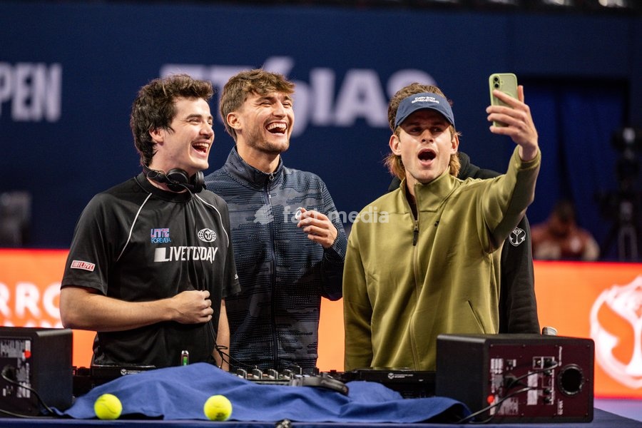 DJ Henri PFR, Raphael Collignon of Belgium, Zizou Bergs of Belgium pictured during the media day at the European Open ATP tennis tournament in Brussels, on 19 October. This year's edition of the tournament is taking place from 17 to 25 October