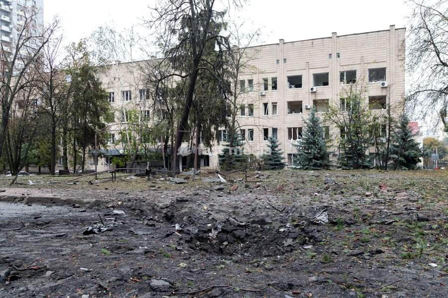 A crater from an impact is in the ground near a hospital in the Solomianskyi district after a Russian attack, Kyiv, Ukraine, October 19, 2026. During the night and morning, Russia launched a massive strike on the capital using ballistic missiles, cruise missiles, and drones. According to Kyiv city…