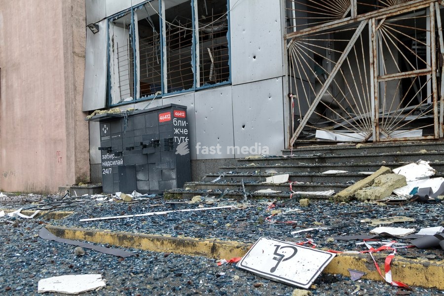 A handicap symbol lies on the ground covered with debris near a parcel locker in the Solomianskyi district damaged by a Russian attack, Kyiv, Ukraine, October 19, 2026. During the night and morning, Russia launched a massive strike on the capital using ballistic missiles, cruise missiles, and…