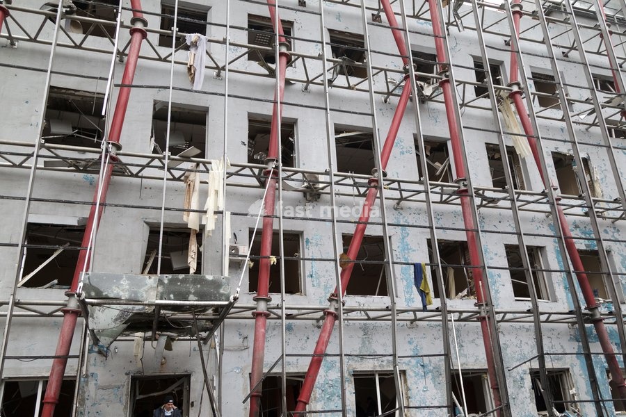 Scaffolds are at a building in the Solomianskyi district damaged by a Russian attack, Kyiv, Ukraine, October 19, 2026. During the night and morning, Russia launched a massive strike on the capital using ballistic missiles, cruise missiles, and drones. According to Kyiv city head Vitali Klitschko,…