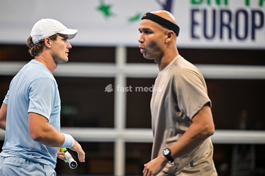 Bart Stevens of The Netherlands, Sadio Doumba of France pictured during the European Open ATP tennis tournament in Brussels, on 19 October. This year's edition of the tournament is taking place from 17 to 25 October