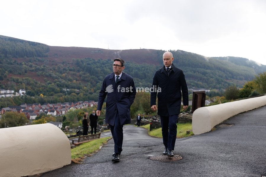 19/10/2026. Aberfan, United Kingdom. Prime Minister Andy Burnham and Welsh Secretary Stephen Kinnock visit to Aberfan to commemorate the 60th anniversary of the Aberfan disaster