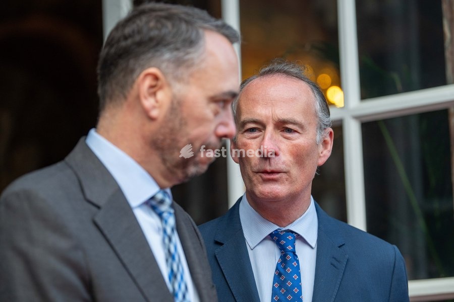 Vice-prime minister and Minister of Foreign Affairs Maxime Prevot (L) and head of protocol of the ministry of foreign affairs Pierre Cartuyvels (R) are pictured ahead of a meeting of several Federal Minister's with a Turkish delegation, Tuesday 20 October 2026, in Brussels