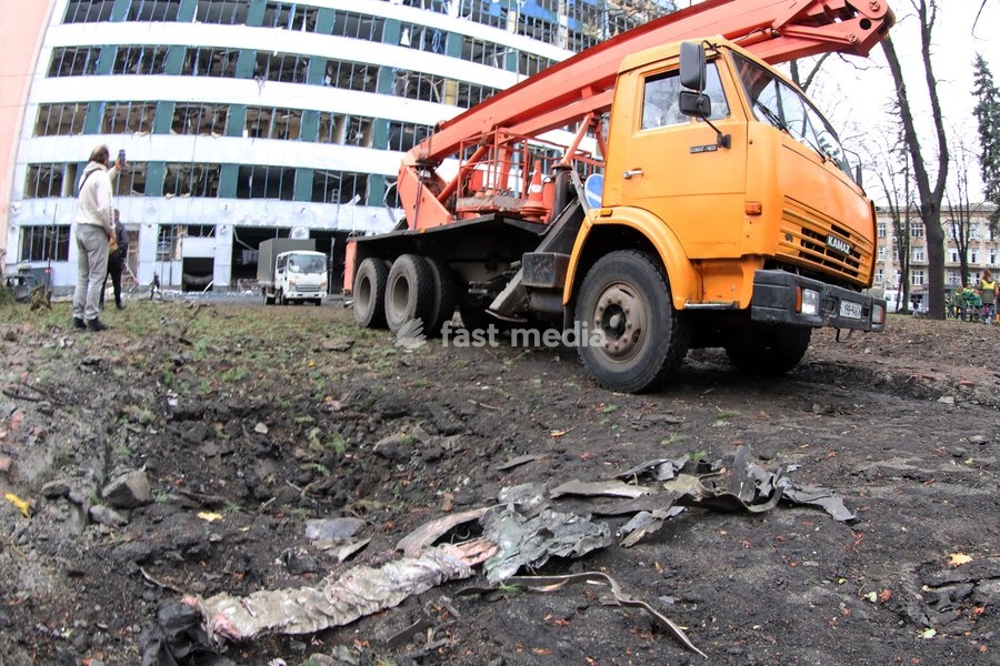 An aerial work platform is parked by a crater from a Russian strike in the Solomianskyi district in Kyiv, Ukraine, on October 19, 2026. During the night and morning, Russia launched a massive strike on the capital using ballistic missiles, cruise missiles, and drones. According to Kyiv city head…