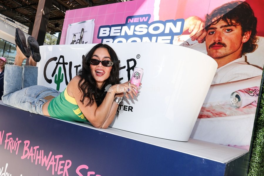CENTURY CITY, LOS ANGELES, CALIFORNIA, USA - OCTOBER 18: Vanessa Hudgens attends Benson Boone's splash with a bathtub takeover celebrating Caliwater's New Dragon Fruit Flavor held at Westfield Century City on October 18, 2026 in Century City, Los Angeles, California, United States
