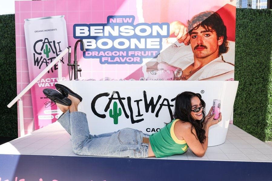 CENTURY CITY, LOS ANGELES, CALIFORNIA, USA - OCTOBER 18: Vanessa Hudgens attends Benson Boone's splash with a bathtub takeover celebrating Caliwater's New Dragon Fruit Flavor held at Westfield Century City on October 18, 2026 in Century City, Los Angeles, California, United States