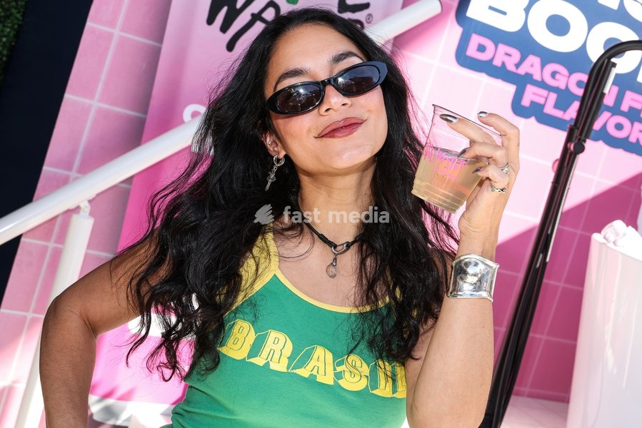 CENTURY CITY, LOS ANGELES, CALIFORNIA, USA - OCTOBER 18: Vanessa Hudgens attends Benson Boone's splash with a bathtub takeover celebrating Caliwater's New Dragon Fruit Flavor held at Westfield Century City on October 18, 2026 in Century City, Los Angeles, California, United States