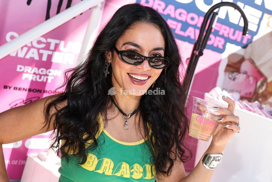 CENTURY CITY, LOS ANGELES, CALIFORNIA, USA - OCTOBER 18: Vanessa Hudgens attends Benson Boone's splash with a bathtub takeover celebrating Caliwater's New Dragon Fruit Flavor held at Westfield Century City on October 18, 2026 in Century City, Los Angeles, California, United States