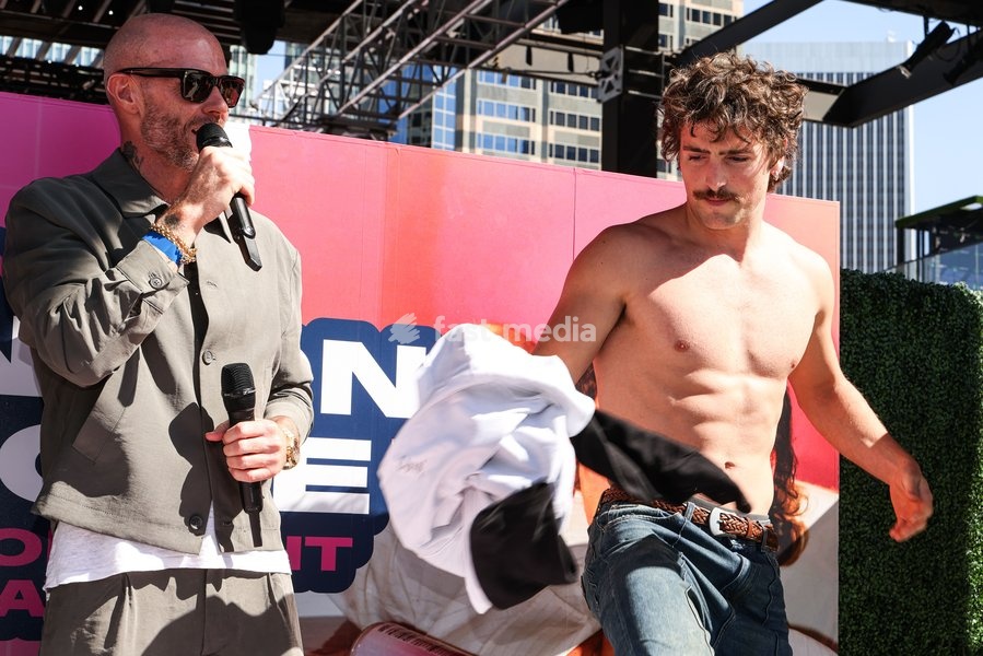 CENTURY CITY, LOS ANGELES, CALIFORNIA, USA - OCTOBER 18: Oliver Trevena and Benson Boone attend Benson Boone's splash with a bathtub takeover celebrating Caliwater's New Dragon Fruit Flavor held at Westfield Century City on October 18, 2026 in Century City, Los Angeles, California, United States