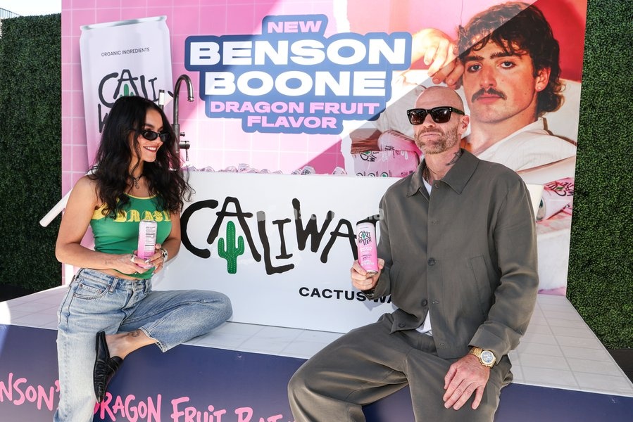 CENTURY CITY, LOS ANGELES, CALIFORNIA, USA - OCTOBER 18: Vanessa Hudgens and Oliver Trevena attend Benson Boone's splash with a bathtub takeover celebrating Caliwater's New Dragon Fruit Flavor held at Westfield Century City on October 18, 2026 in Century City, Los Angeles, California, United States