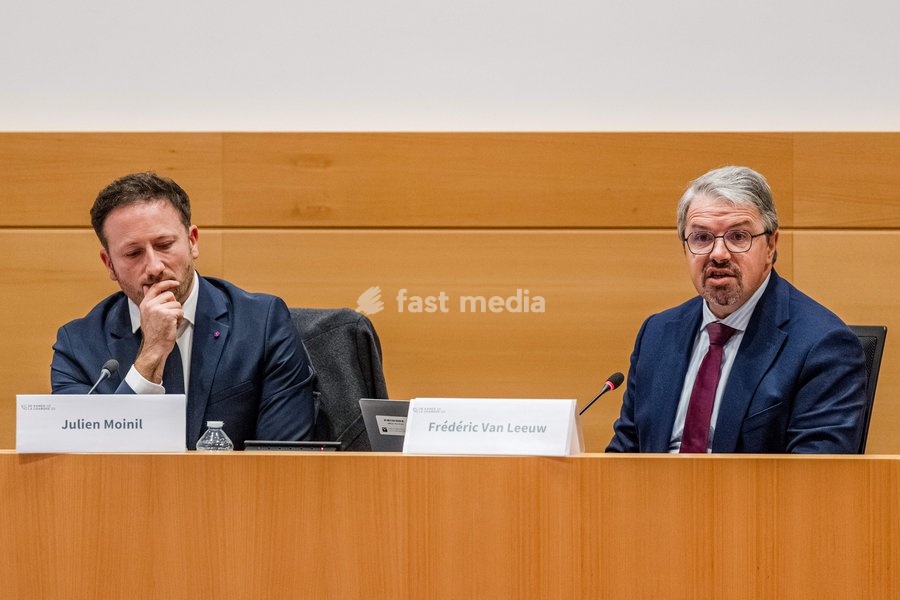 Brussels' King's Prosecutor Julien Moinil; Belgian federal prosecutor Frederic Van Leeuw pictured during a session of the chamber commission for Justice, on Tuesday 20 October 2026, at the federal parliament in Brussels. The commission will discuss the recent shootings in Brussels