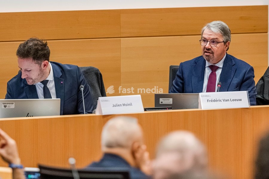 Brussels' King's Prosecutor Julien Moinil; Belgian federal prosecutor Frederic Van Leeuw pictured during a session of the chamber commission for Justice, on Tuesday 20 October 2026, at the federal parliament in Brussels. The commission will discuss the recent shootings in Brussels