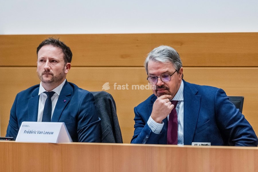 Brussels' King's Prosecutor Julien Moinil; Belgian federal prosecutor Frederic Van Leeuw pictured during a session of the chamber commission for Justice, on Tuesday 20 October 2026, at the federal parliament in Brussels. The commission will discuss the recent shootings in Brussels