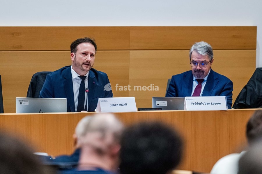 Brussels' King's Prosecutor Julien Moinil; Belgian federal prosecutor Frederic Van Leeuw pictured during a session of the chamber commission for Justice, on Tuesday 20 October 2026, at the federal parliament in Brussels. The commission will discuss the recent shootings in Brussels
