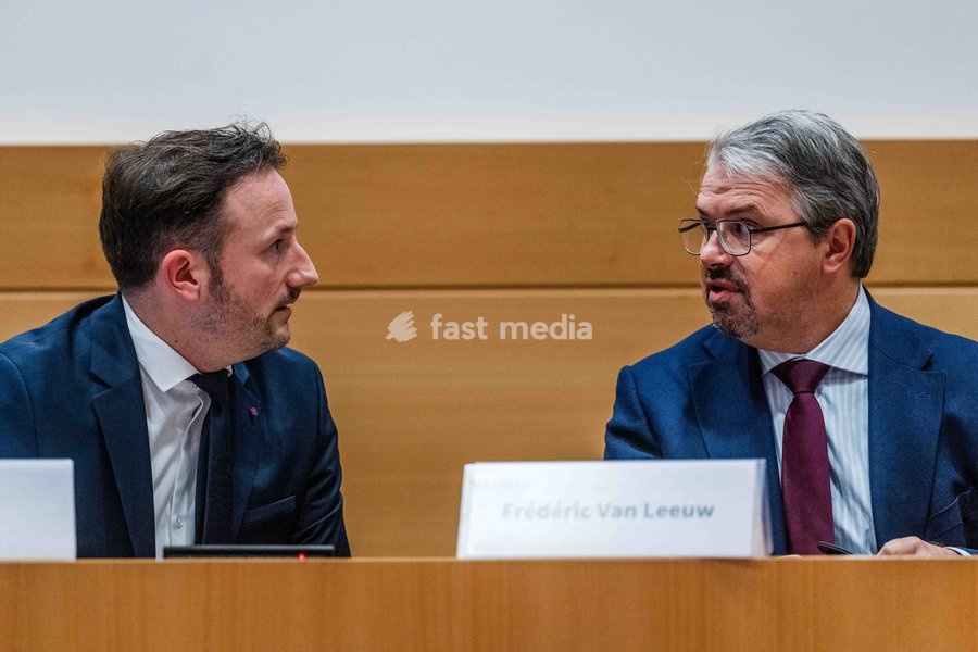 Brussels' King's Prosecutor Julien Moinil; Belgian federal prosecutor Frederic Van Leeuw pictured during a session of the chamber commission for Justice, on Tuesday 20 October 2026, at the federal parliament in Brussels. The commission will discuss the recent shootings in Brussels