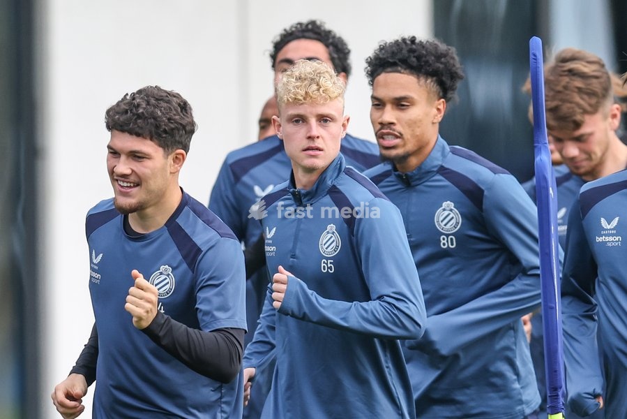 Club's Kyriani Sabbe; Club's Joaquin Seys and Club's Felix Lemarechal pictured during a training session of Belgian soccer team Club Brugge KV, Tuesday 20 October 2026 in Knokke-Heist. Club is preparing for the third game in the UEFA Champions League league phase against French team Racing Club de…