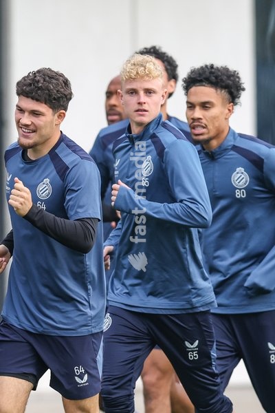 Club's Kyriani Sabbe; Club's Joaquin Seys and Club's Felix Lemarechal pictured during a training session of Belgian soccer team Club Brugge KV, Tuesday 20 October 2026 in Knokke-Heist. Club is preparing for the third game in the UEFA Champions League league phase against French team Racing Club de…