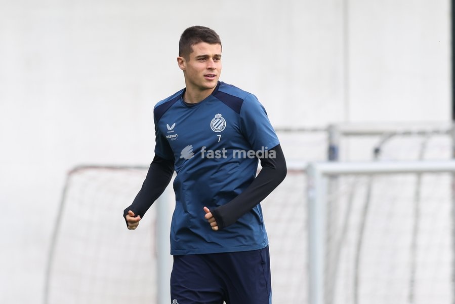 Club's Nicolo Tresoldi pictured during a training session of Belgian soccer team Club Brugge KV, Tuesday 20 October 2026 in Knokke-Heist. Club is preparing for the third game in the UEFA Champions League league phase against French team Racing Club de Lens tomorrow