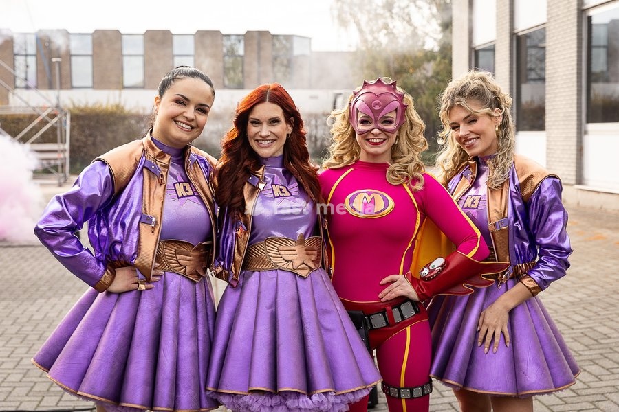 Marthe De Pillecyn Of K3; Hanne Verbruggen Of K3; Actress Lotte Stevens (Mega Mindy); Julia Boschman Of K3 and +pictured during a press moment of Studio 100, Tuesday 20 October 2026 in Schelle to announce the details of the new show 'Superhelden' of K3. Former K3 member Klaasje Meijer (31) will…