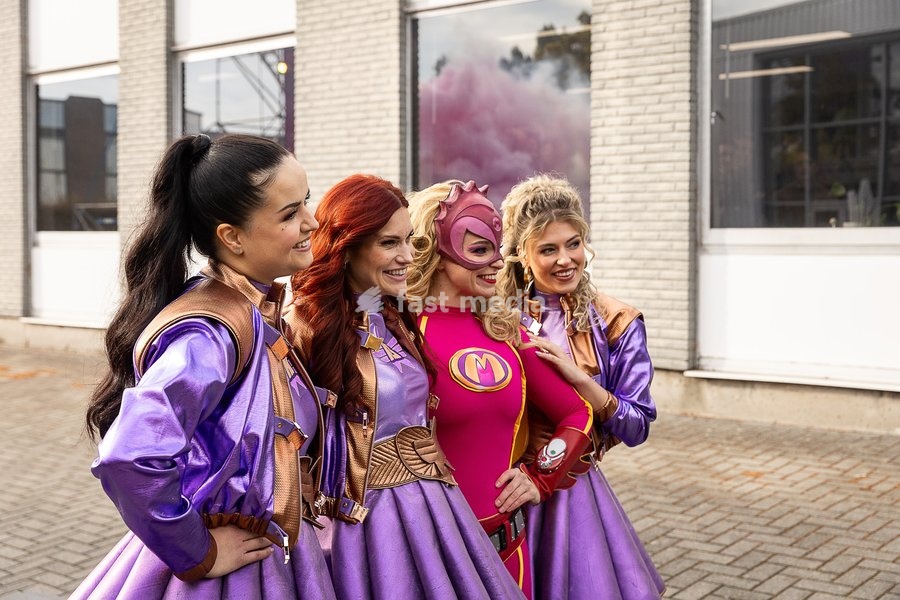 Marthe De Pillecyn Of K3; Hanne Verbruggen Of K3; Actress Lotte Stevens (Mega Mindy); Julia Boschman Of K3 and +pictured during a press moment of Studio 100, Tuesday 20 October 2026 in Schelle to announce the details of the new show 'Superhelden' of K3. Former K3 member Klaasje Meijer (31) will…