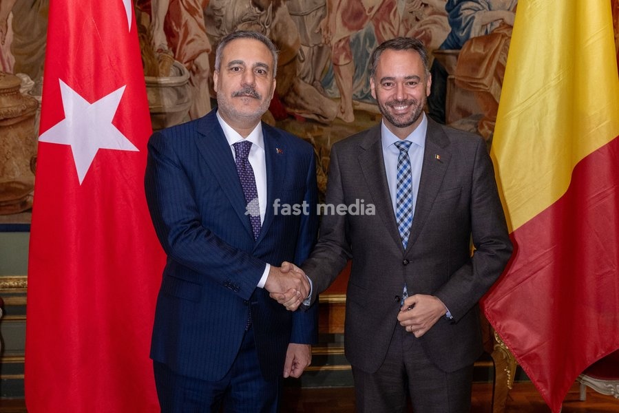 Turkey's Foreign Minister Hakan Fidan and Vice-prime minister and Minister of Foreign Affairs Maxime Prevot pose for the photographer at a meeting of several Federal Minister's with a Turkish delegation, Tuesday 20 October 2026, in Brussels