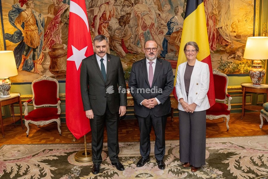 Turkey's Interior Minister Mustafa Ciftci; Minister of Interior Bernard Quintin and N-VA's Anneleen Van Bossuyt pose for the photographer at a meeting of several Federal Minister's with a Turkish delegation, Tuesday 20 October 2026, in Brussels