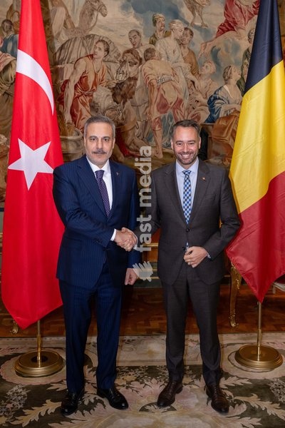 Turkey's Foreign Minister Hakan Fidan and Vice-prime minister and Minister of Foreign Affairs Maxime Prevot pose for the photographer at a meeting of several Federal Minister's with a Turkish delegation, Tuesday 20 October 2026, in Brussels