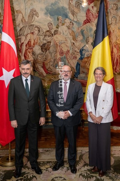 Turkey's Interior Minister Mustafa Ciftci; Minister of Interior Bernard Quintin and N-VA's Anneleen Van Bossuyt pose for the photographer at a meeting of several Federal Minister's with a Turkish delegation, Tuesday 20 October 2026, in Brussels