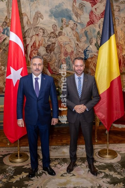 Turkey's Foreign Minister Hakan Fidan and Vice-prime minister and Minister of Foreign Affairs Maxime Prevot pose for the photographer at a meeting of several Federal Minister's with a Turkish delegation, Tuesday 20 October 2026, in Brussels