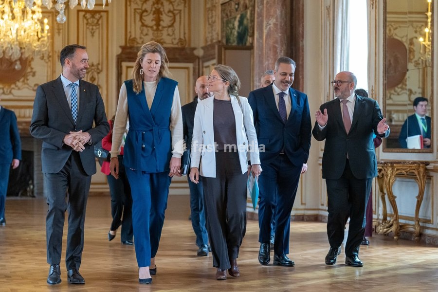 Vice-prime minister and Minister of Foreign Affairs Maxime Prevot; Minister of Justice Annelies Verlinden; Minister of Asylum and Migration, Social Integration and Major Cities Anneleen Van Bossuyt; Turkey's Foreign Minister Hakan Fidan and Minister of Interior Bernard Quintin are pictured at a…