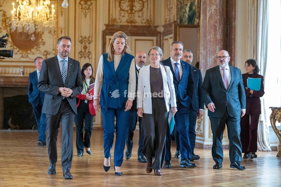 Vice-prime minister and Minister of Foreign Affairs Maxime Prevot; Minister of Justice Annelies Verlinden; Minister of Asylum and Migration, Social Integration and Major Cities Anneleen Van Bossuyt; Turkey's Foreign Minister Hakan Fidan and Minister of Interior Bernard Quintin are pictured at a…