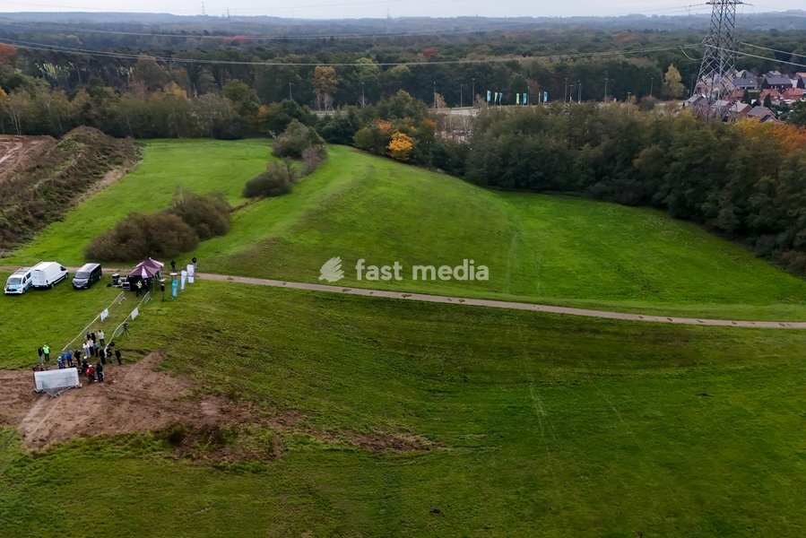Aerial drone view taken during the presentation of the track of the Belgian Championship cyclocross Bilzen-Hoeselt, on Tuesday 20 October 2026 in Munsterbilzen. The Belgian Championships Cyclocross Bilzen-Hoeselt 2027 take place on Januany 9 and 10