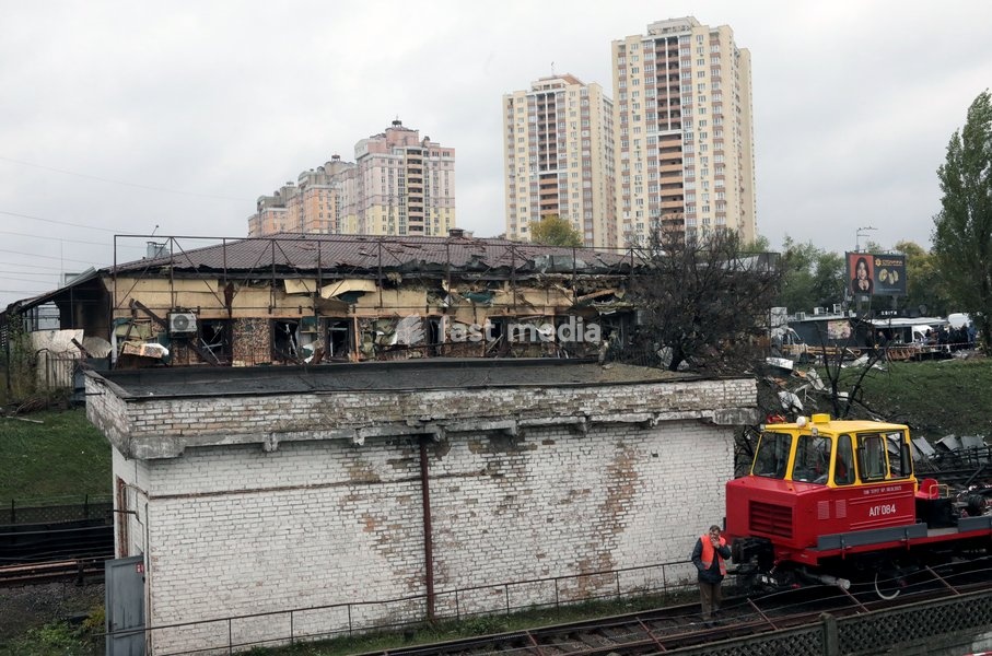 A building near the Chernihivska metro station is damaged by a Russian strike in Kyiv, Ukraine, on October 19, 2026. During the night and morning, Russia launched a strike on the capital with ballistic missiles, cruise missiles, and drones. According to the Kyiv City State Administration (KCSA), a…