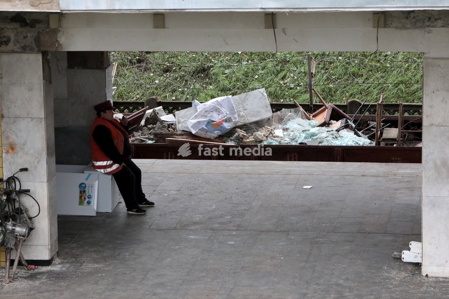 A worker in an orange high-viz vests sits at the Chernihivska metro station damaged by a Russian strike in Kyiv, Ukraine, on October 19, 2026. During the night and morning, Russia launched a strike on the capital with ballistic missiles, cruise missiles, and drones. According to the Kyiv City State…