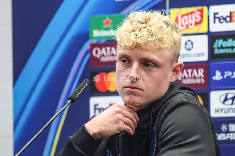 Club's Joaquin Seys is pictured during a press conference of Belgian soccer team Club Brugge KV, Tuesday 20 October 2026 in Knokke-Heist. Club is preparing for the third game in the UEFA Champions League league phase against French team Racing Club de Lens tomorrow