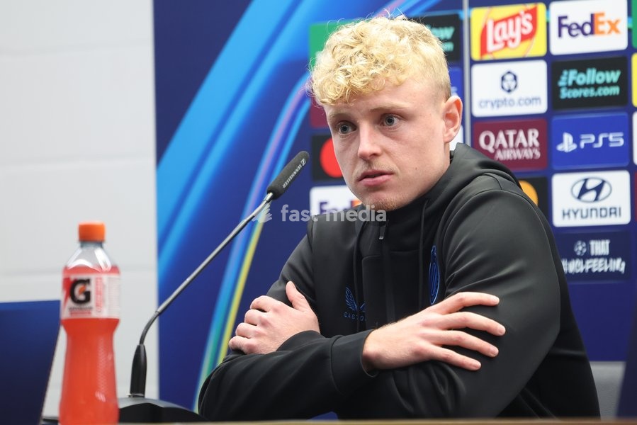 Club's Joaquin Seys is pictured during a press conference of Belgian soccer team Club Brugge KV, Tuesday 20 October 2026 in Knokke-Heist. Club is preparing for the third game in the UEFA Champions League league phase against French team Racing Club de Lens tomorrow