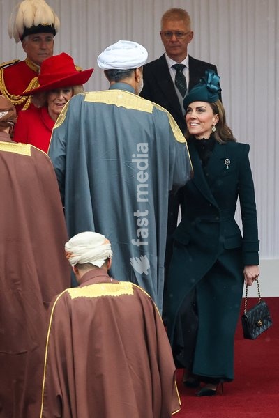 Britain's Queen Camilla and Kate, Princess of Wales welcome Oman's Sultan Haitham bin Tariq on the Royal Dais at Datchet Road during the Sultan's state visit to Britain, in Windsor, Britain, October 20, 2026