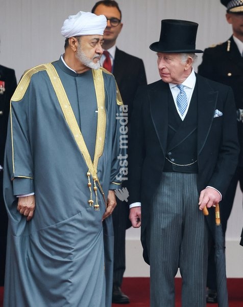 Britain's King Charles talks with Oman's Sultan Haitham bin Tariq during a welcome ceremony on the Royal Dais at Datchet Road on the Sultan's state visit to Britain, in Windsor, Britain, October 20, 2026