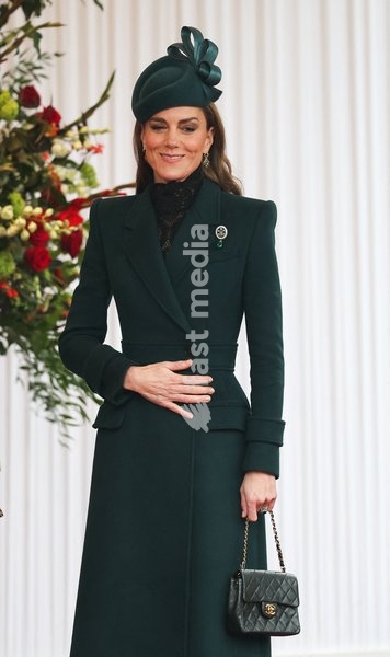 Britain's Kate, Princess of Wales, awaits the arrival of Oman's Sultan Haitham bin Tariq for a welcome ceremony on the Royal Dais at Datchet Road during the Sultan's state visit to Britain, in Windsor, Britain, October 20, 2026